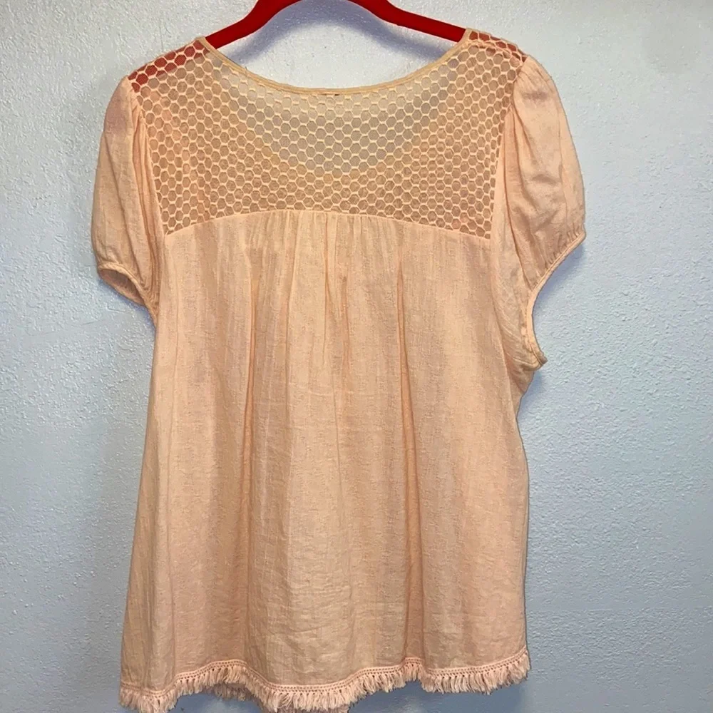 Free People Peach BoHo Fringed Hem Honeycomb Yoke Top 4367